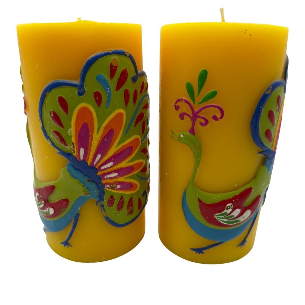 Pier 1 yellow peacock pillar candles‎ set of two summer home decor lake house